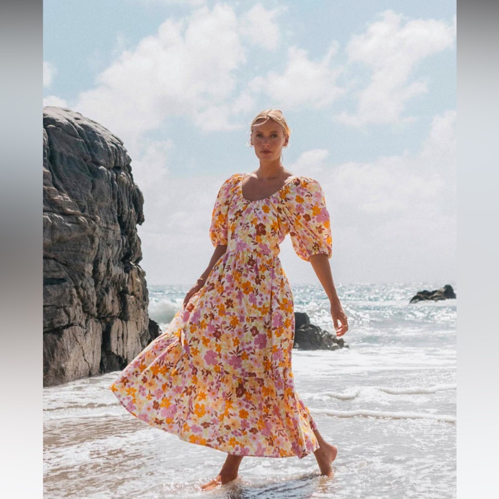 Billabong Floral Maxi Puff Dress in Salt Crystal